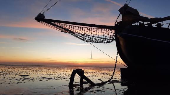 Bug der Tjalk Aagtje bei Sonnenuntergang im Wattenmeer
