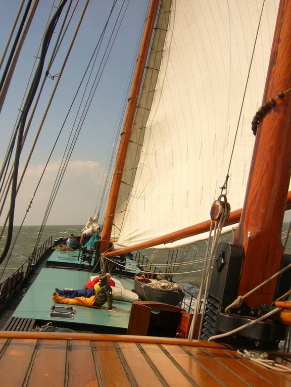 Blick vom Holzdeck unter den Segeln der Aldebaran