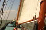 Blick vom Holzdeck unter den Segeln der Aldebaran