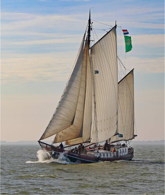 Eenhoorn unter Segeln mit aufspritzendem Bugwasser