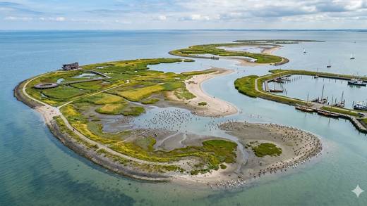 Luftaufnahme der Inseln, Wasserläufe und Sandbänke der Marker Wadden