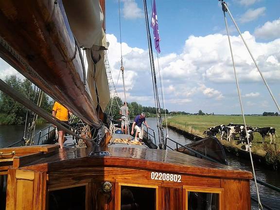 Blick über das Deck der Pelikaan an einem grünen Ufer