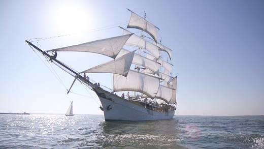 Dreimaster Stedemaeght unter Segeln auf See