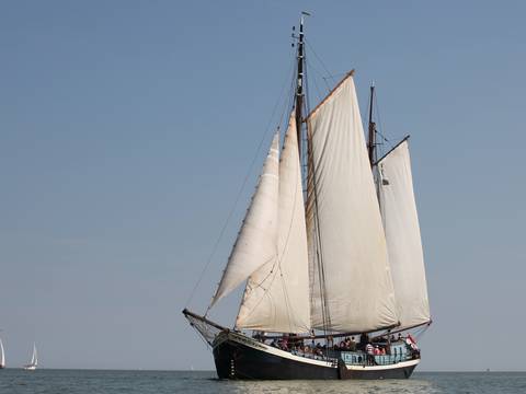 Sybaris unter weißen Segeln, von vorne gesehen