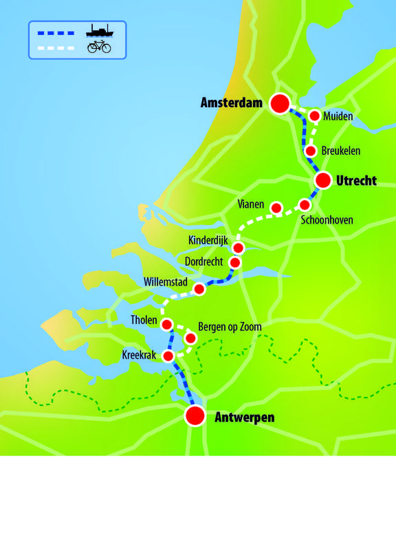 Karte der Rad- und Schiffsroute Amsterdam – Antwerpen