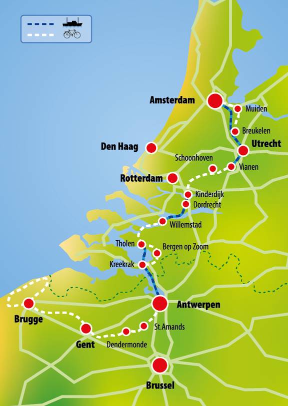 Karte der Rad- und Schiffsroute Amsterdam – Brügge