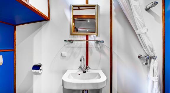 Badezimmer mit Dusche, Waschbecken und Spiegel auf der Mare fan Fryslân