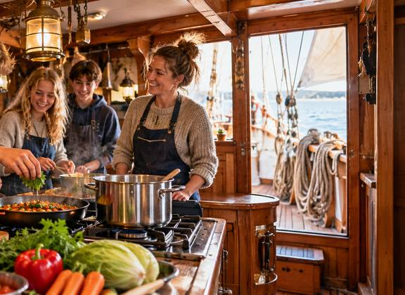 leerlingen koken samen aan boord
